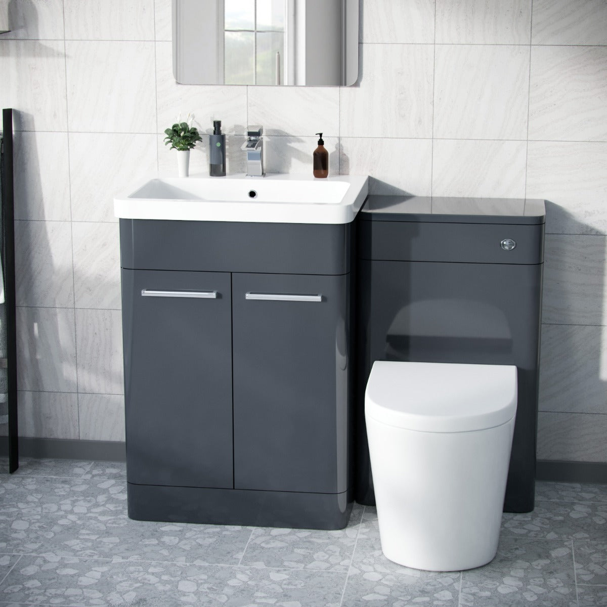 Afern Anthracite 600mm Vanity Basin Unit, WC Unit & Round Back to Wall Toilet