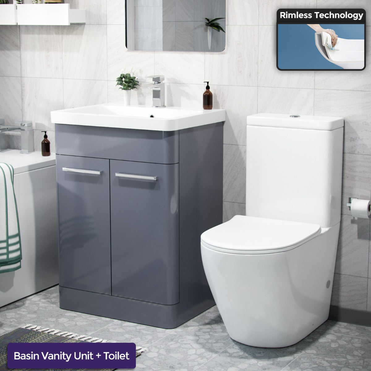 Afern 600mm Freestanding Vanity Unit, Curved Rimless Close Coupled Toilet Steel Grey