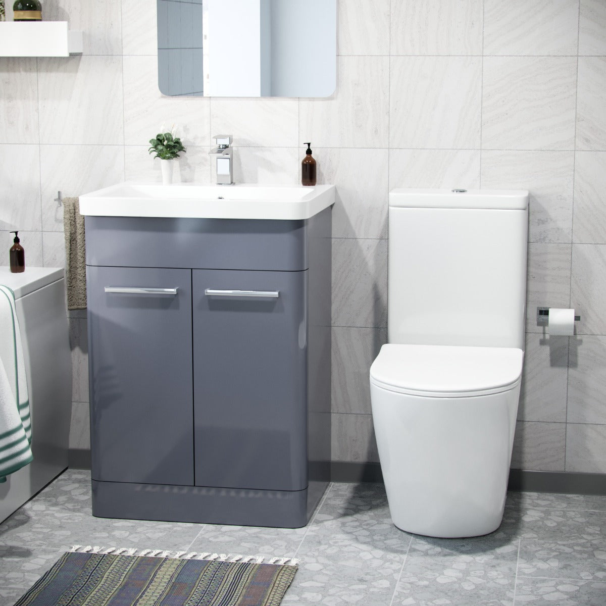 Afern 600mm Freestanding Vanity Unit, Curved Rimless Close Coupled Toilet Steel Grey
