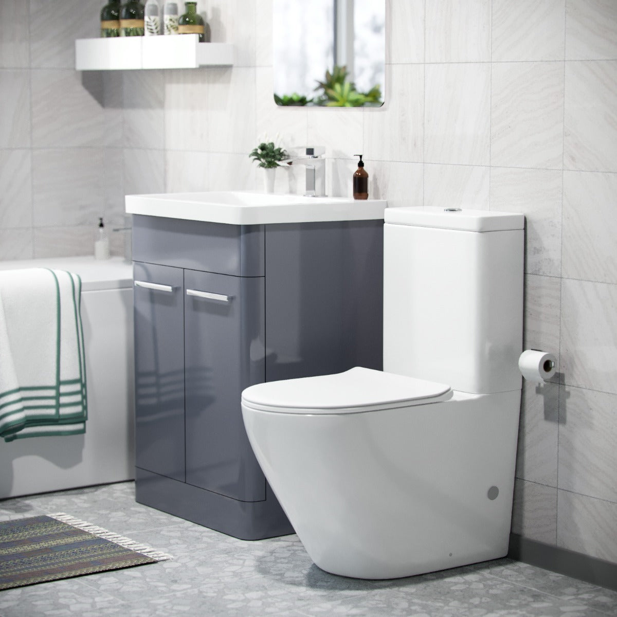 Afern 600mm Freestanding Vanity Unit, Curved Rimless Close Coupled Toilet Steel Grey