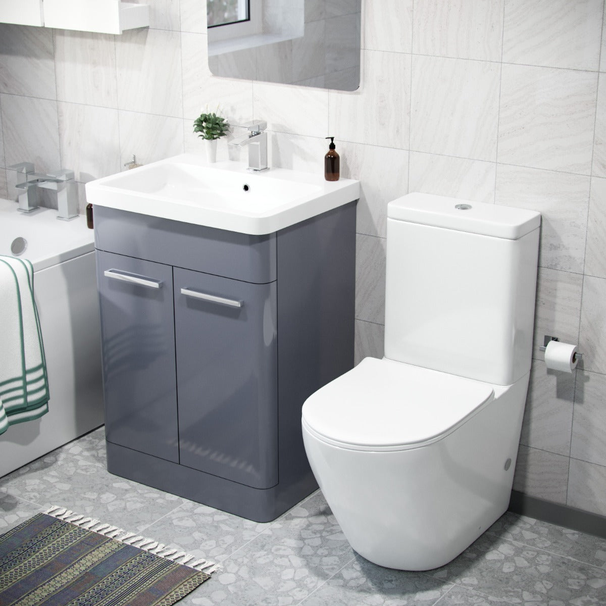 Afern 600mm Freestanding Vanity Unit, Curved Rimless Close Coupled Toilet Steel Grey