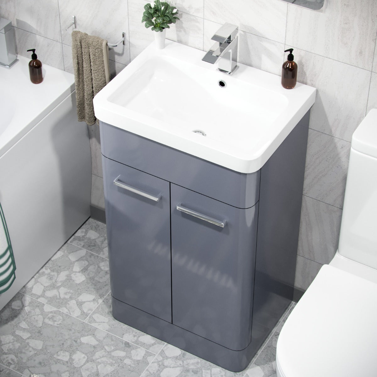 Afern 500mm Freestanding Vanity Unit and Close Coupled Rimless Toilet Steel Grey
