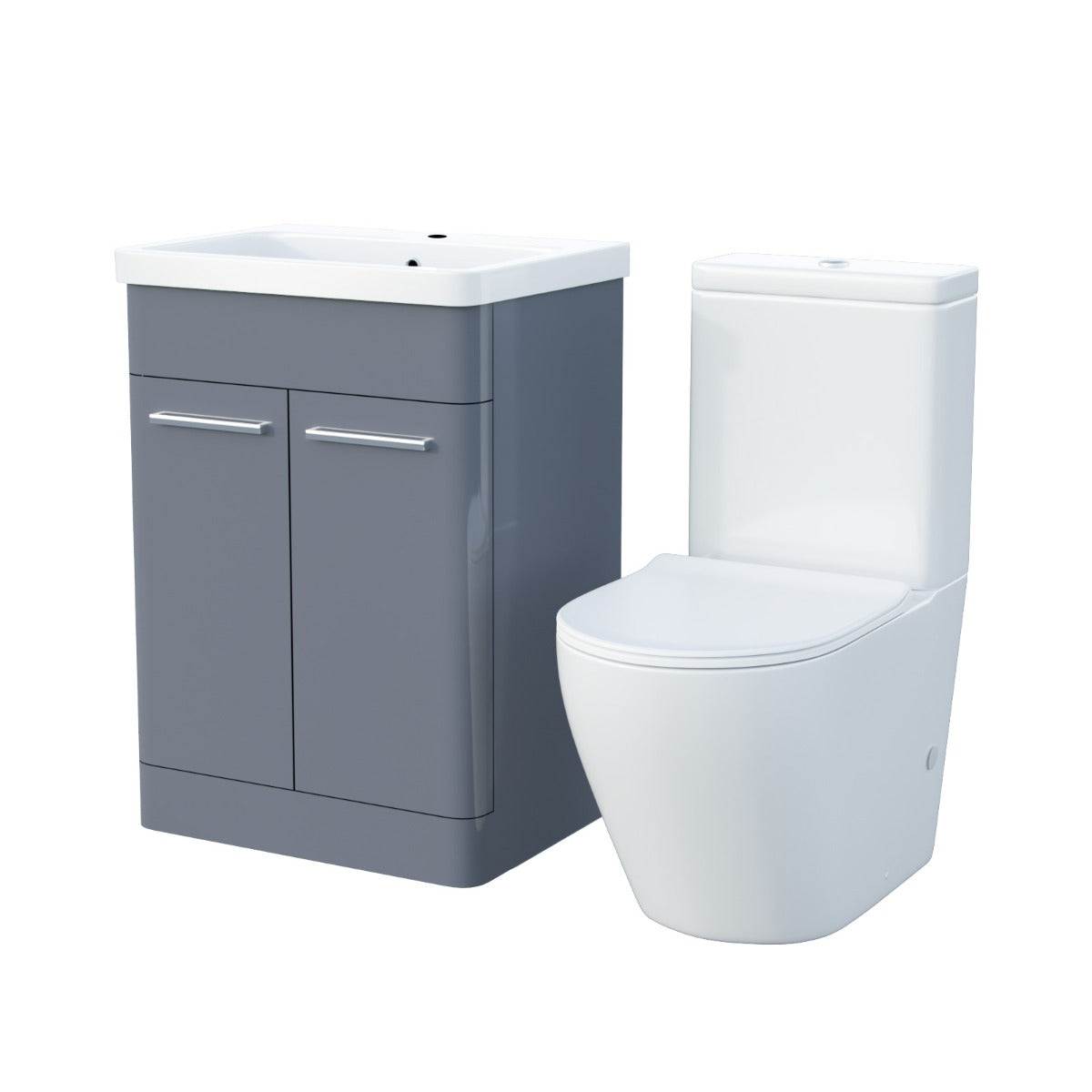 Afern 600mm Freestanding Vanity Unit, Curved Rimless Close Coupled Toilet Steel Grey