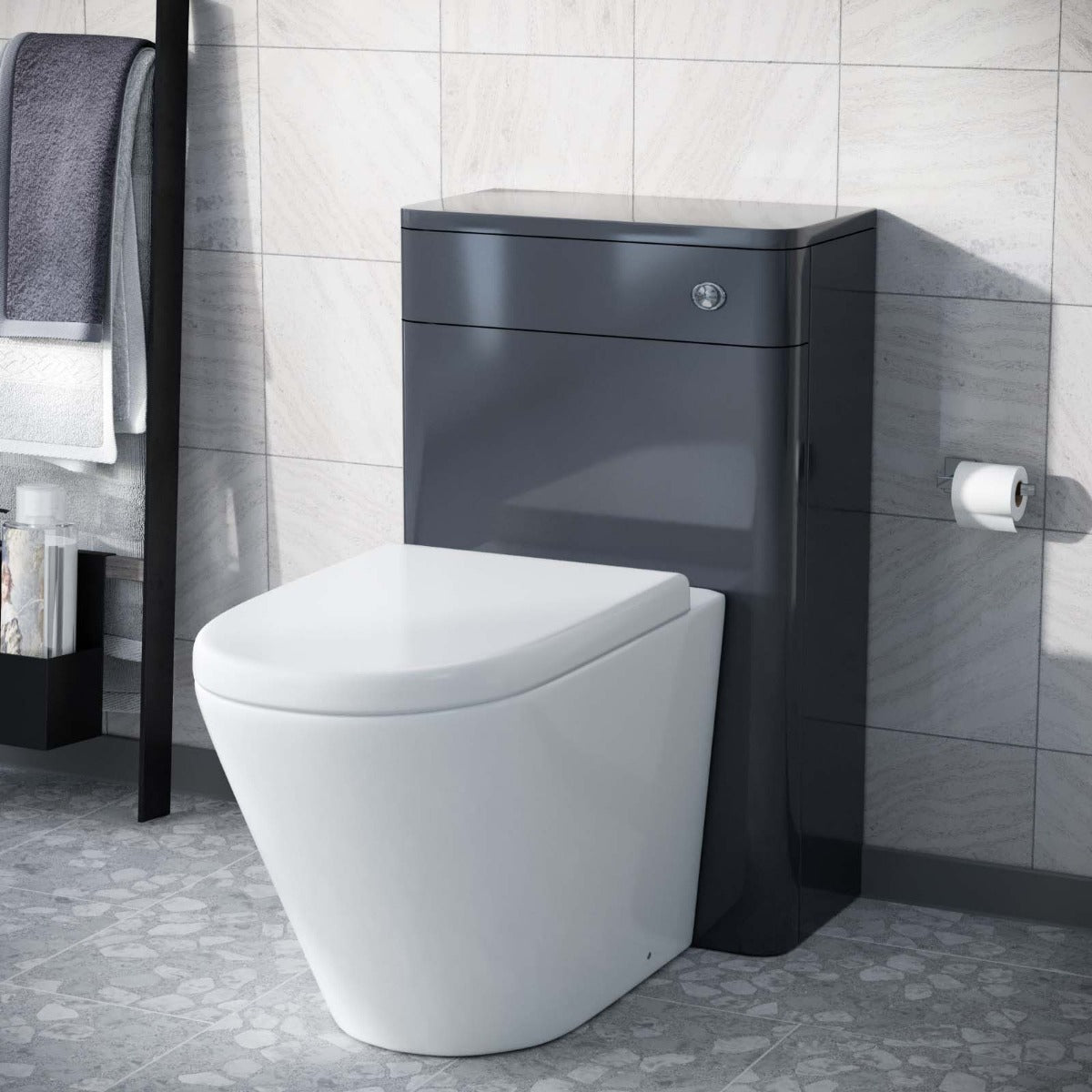 Afern Modern 500mm Grey Back To Wall WC Unit & Rimless Toilet Pan Space Saving