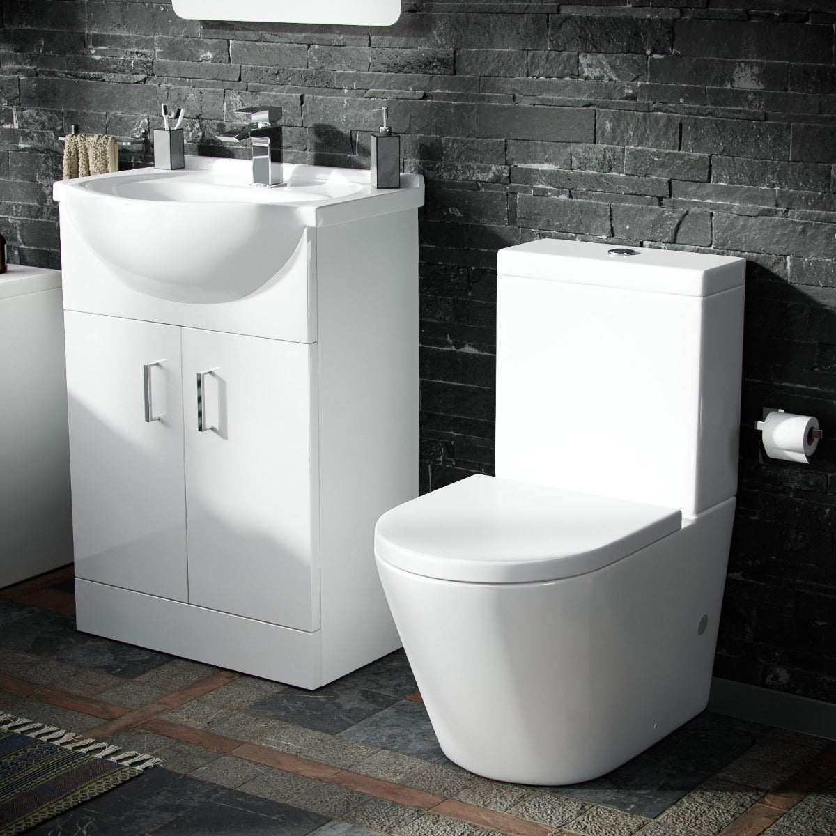 Ellen 550mm Floorstanding Basin Vanity Unit White & Rimless Close Coupled Toilet