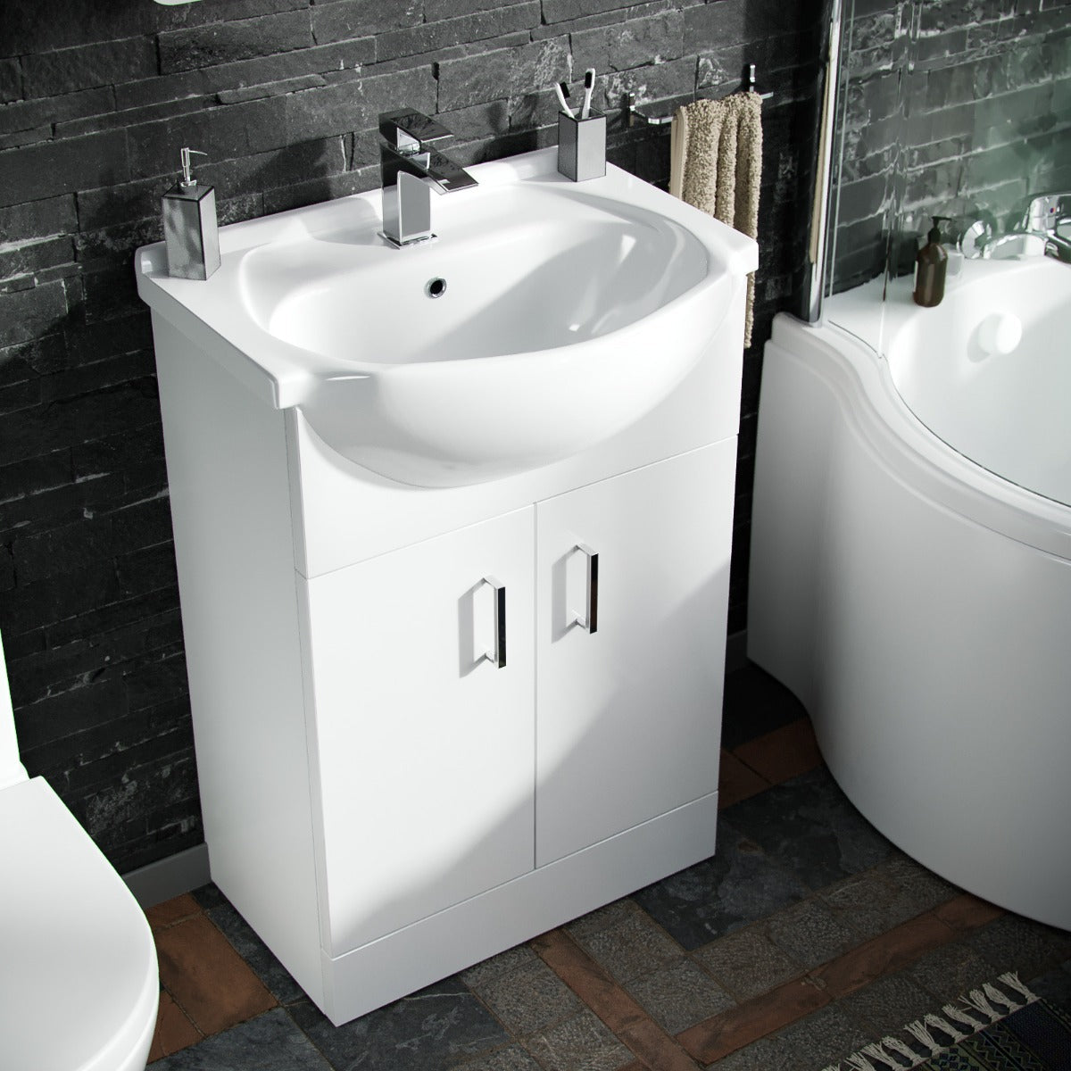 Ellen White Vanity Unit Left Handed P-Shaped Bath & Close Coupled Toilet Suite