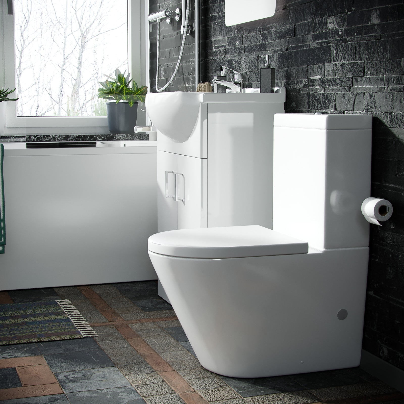 White 1700mm Bath Close Coupled Toilet Slider Rail Shower Basin Tap & Waste