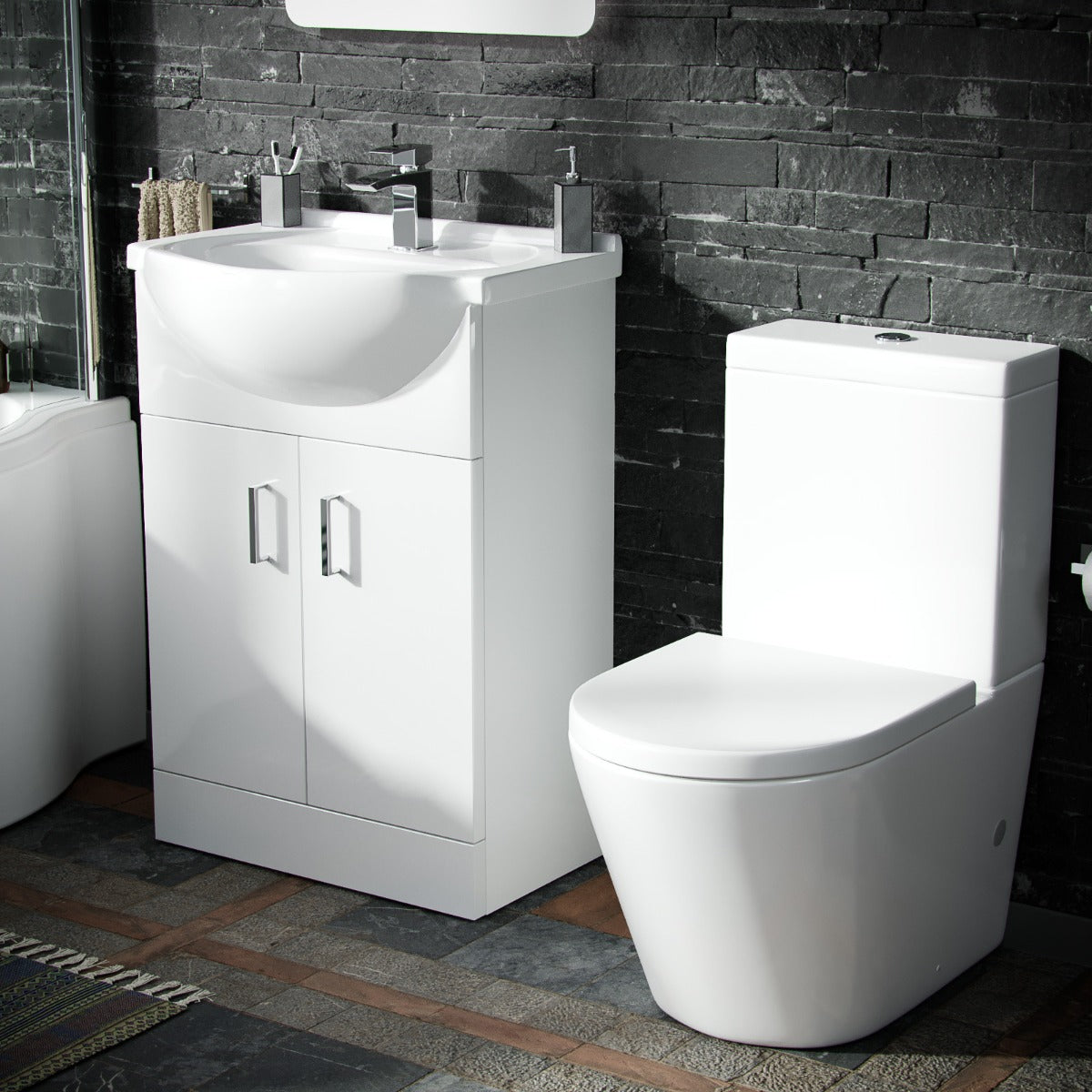 Ellen RH P-Shaped Bath With White Vanity Unit & Close Coupled Toilet Set
