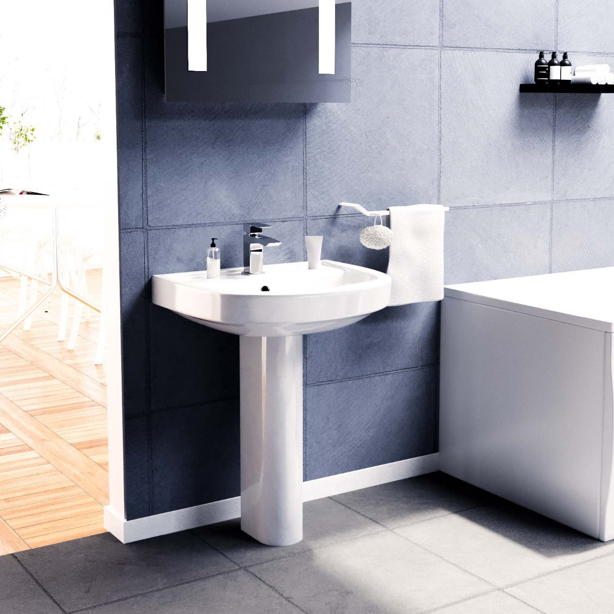 Cobalt 1700mm Bath, Pedestal Basin And WC Toilet 3 Piece Bathroom Suite White