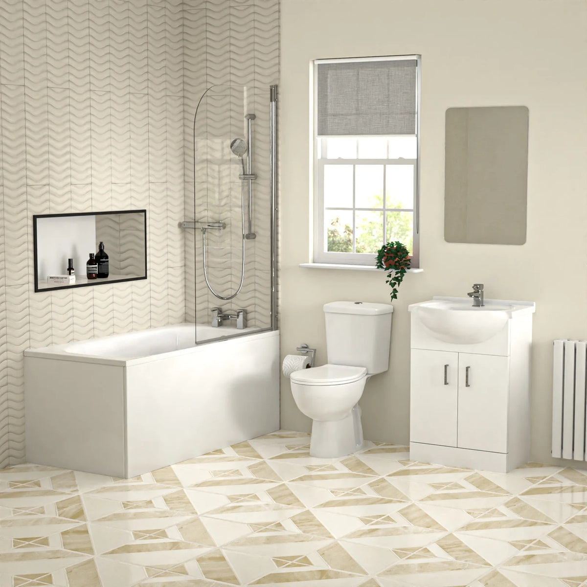 1400mm Bathtub With Screen, 515mm Vanity, Close Coupled Toilet - Set with Chrome Fittings