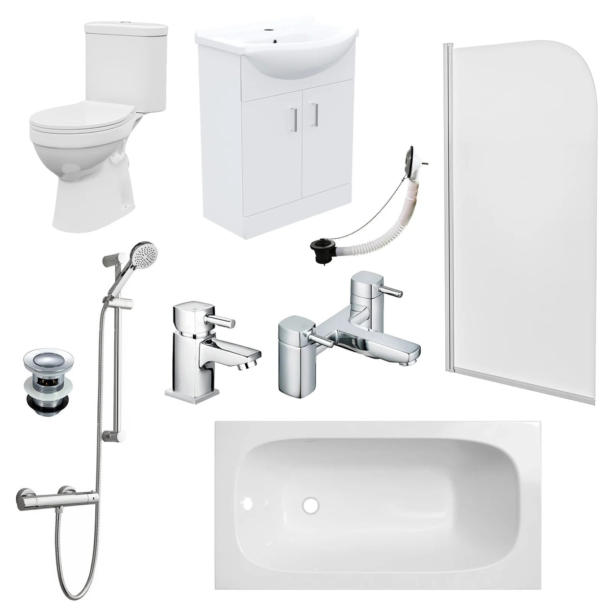 1400mm Bathtub With Screen, 515mm Vanity, Close Coupled Toilet - Set with Chrome Fittings