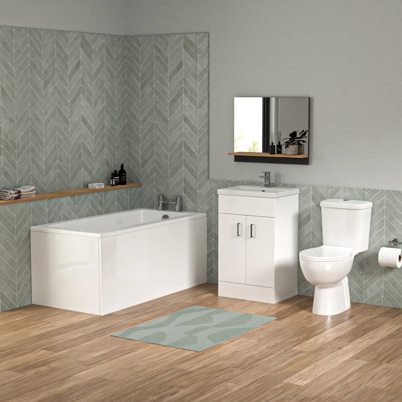 Bathroom Suite 1400mm Square Bathtub with 500mm Freestanding Vanity & Toilet