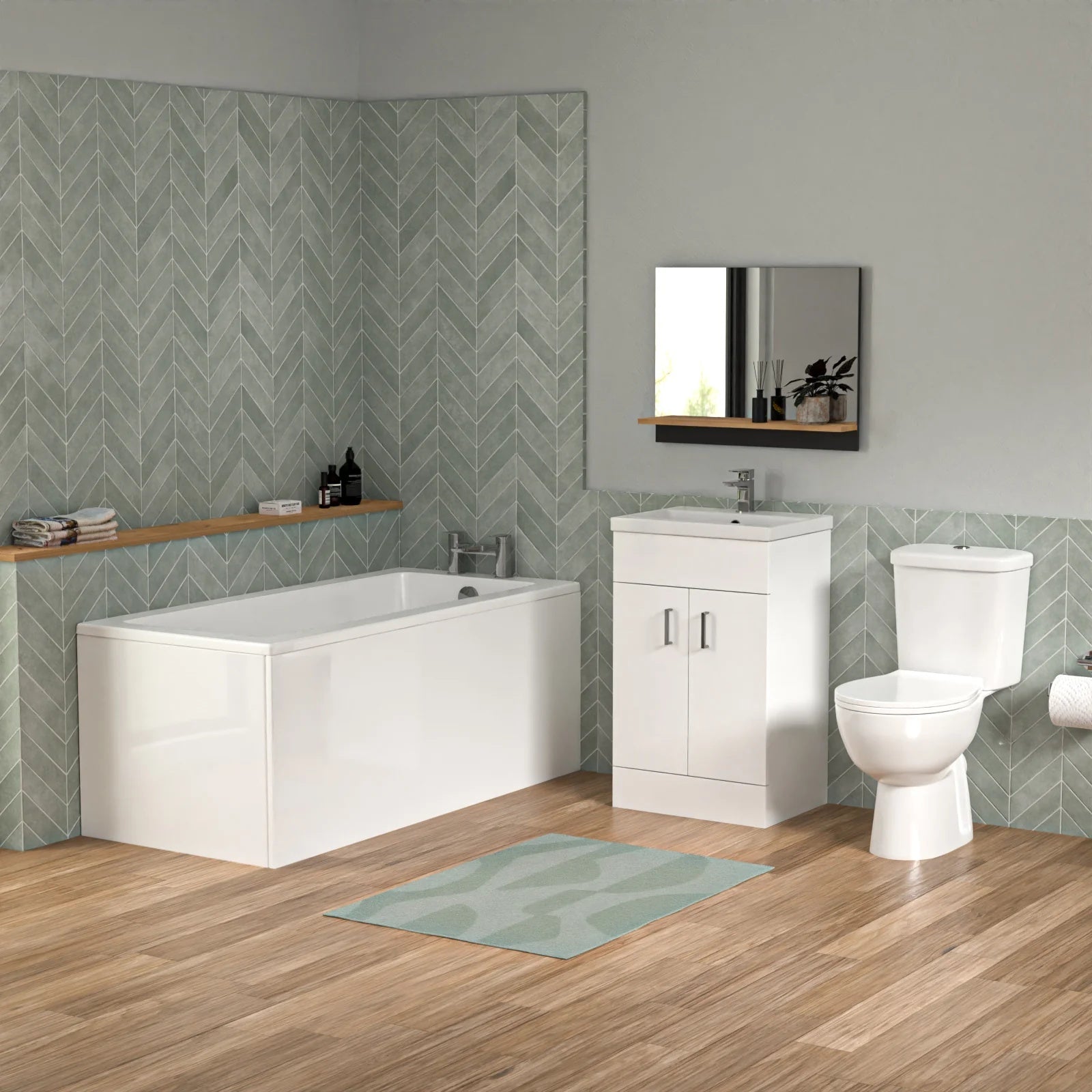 Bathroom Suite 1500mm Square Bathtub with 500mm Freestanding Vanity & Toilet