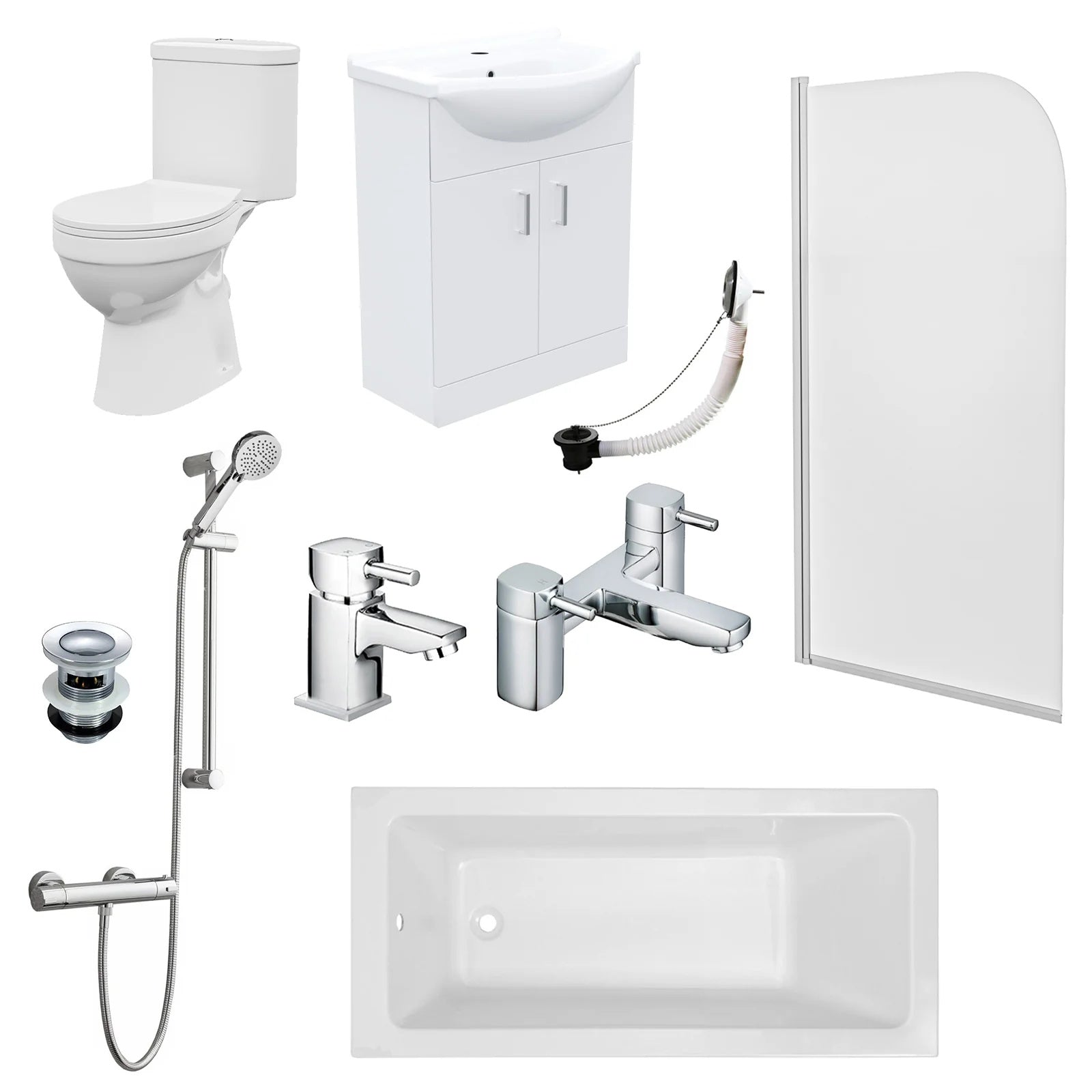Bathroom Suite 1500mm Square Bathtub with Screen, 550mm Freestanding Vanity & Toilet - Set with Chrome Fittings