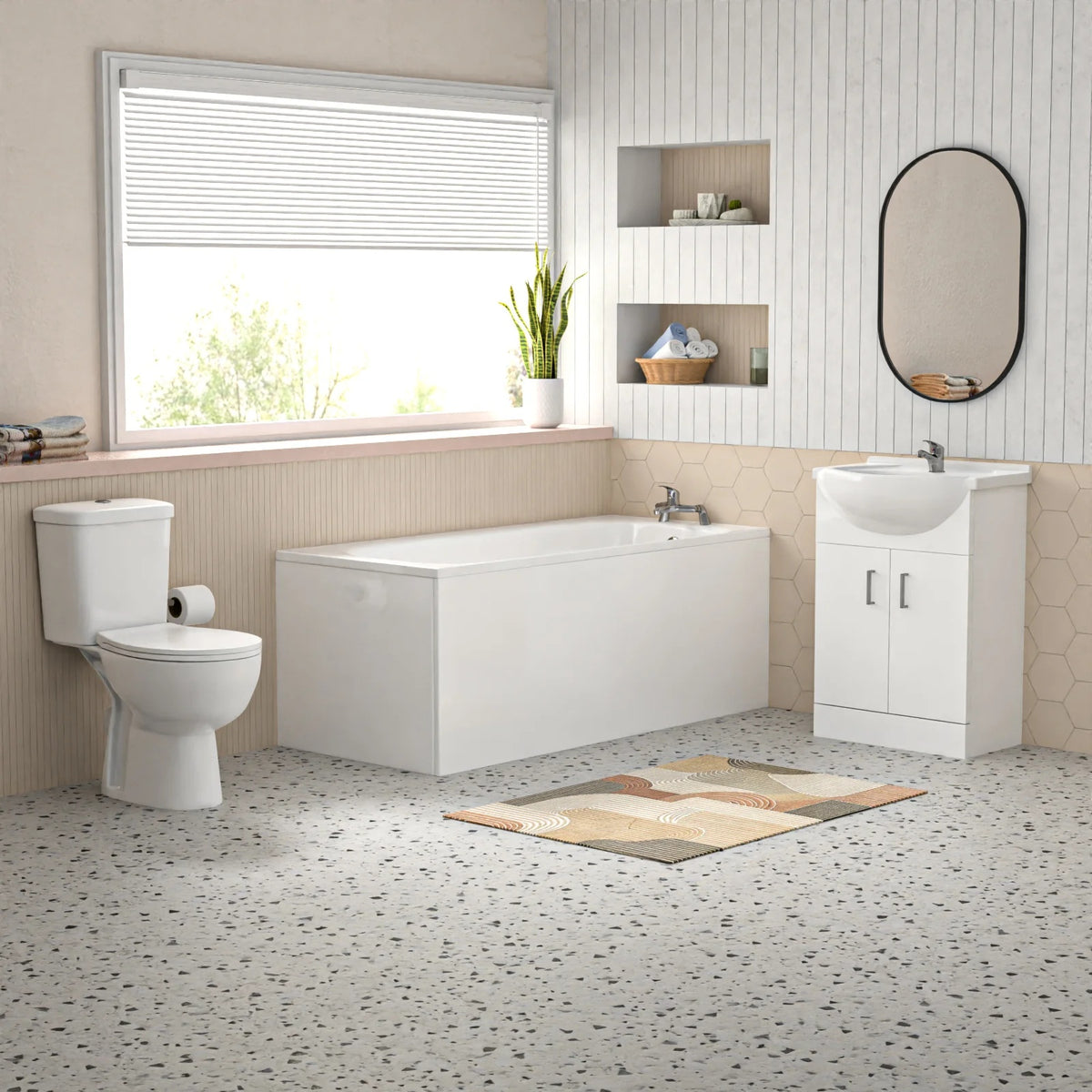 Bathroom Suite 1600mm Round Bathtub with Front Panel, 550mm Freestanding Vanity & Toilet