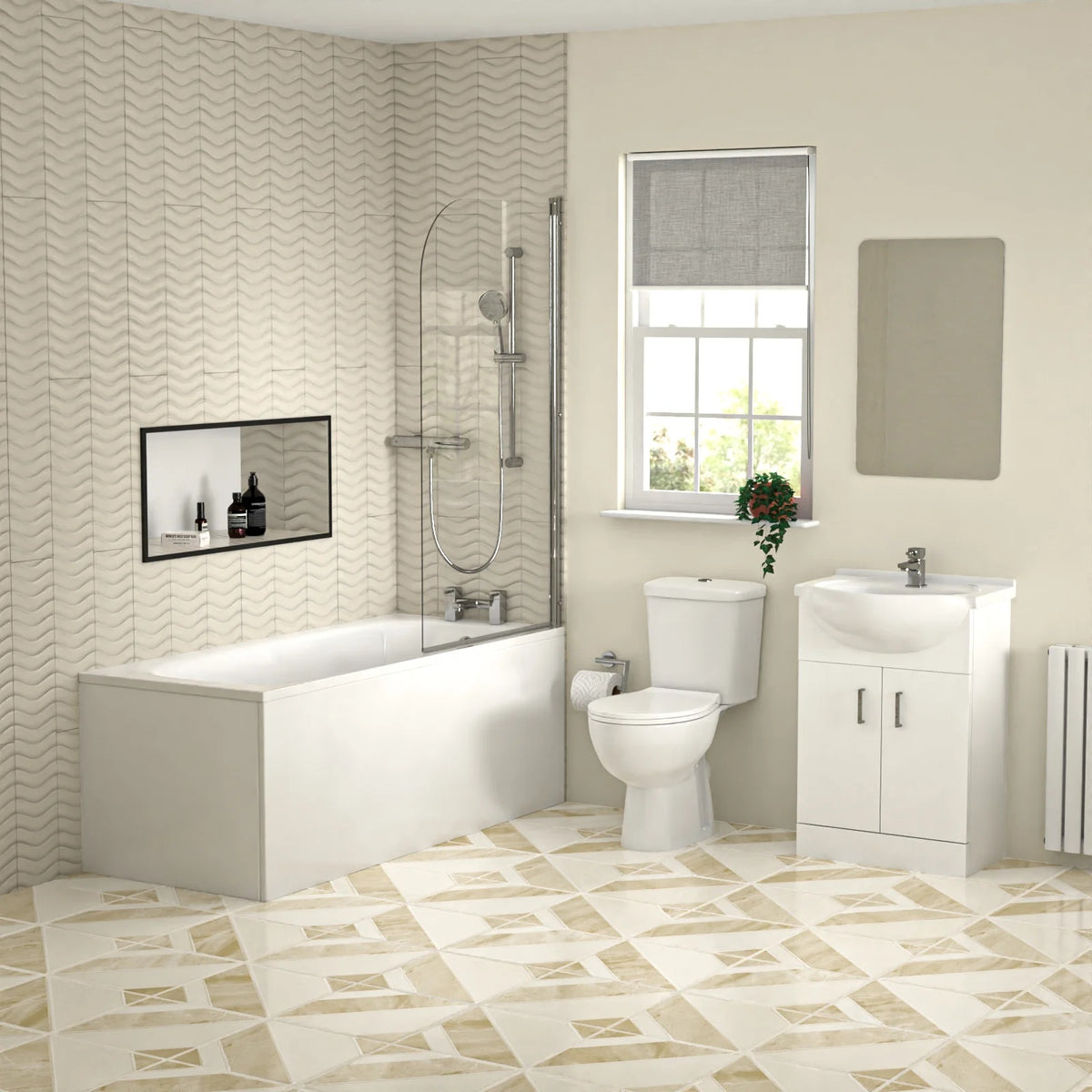 Bathroom Suite 1600mm Square Bathtub with Screen, 550mm Freestanding Vanity & Toilet - Set with Chrome Fittings