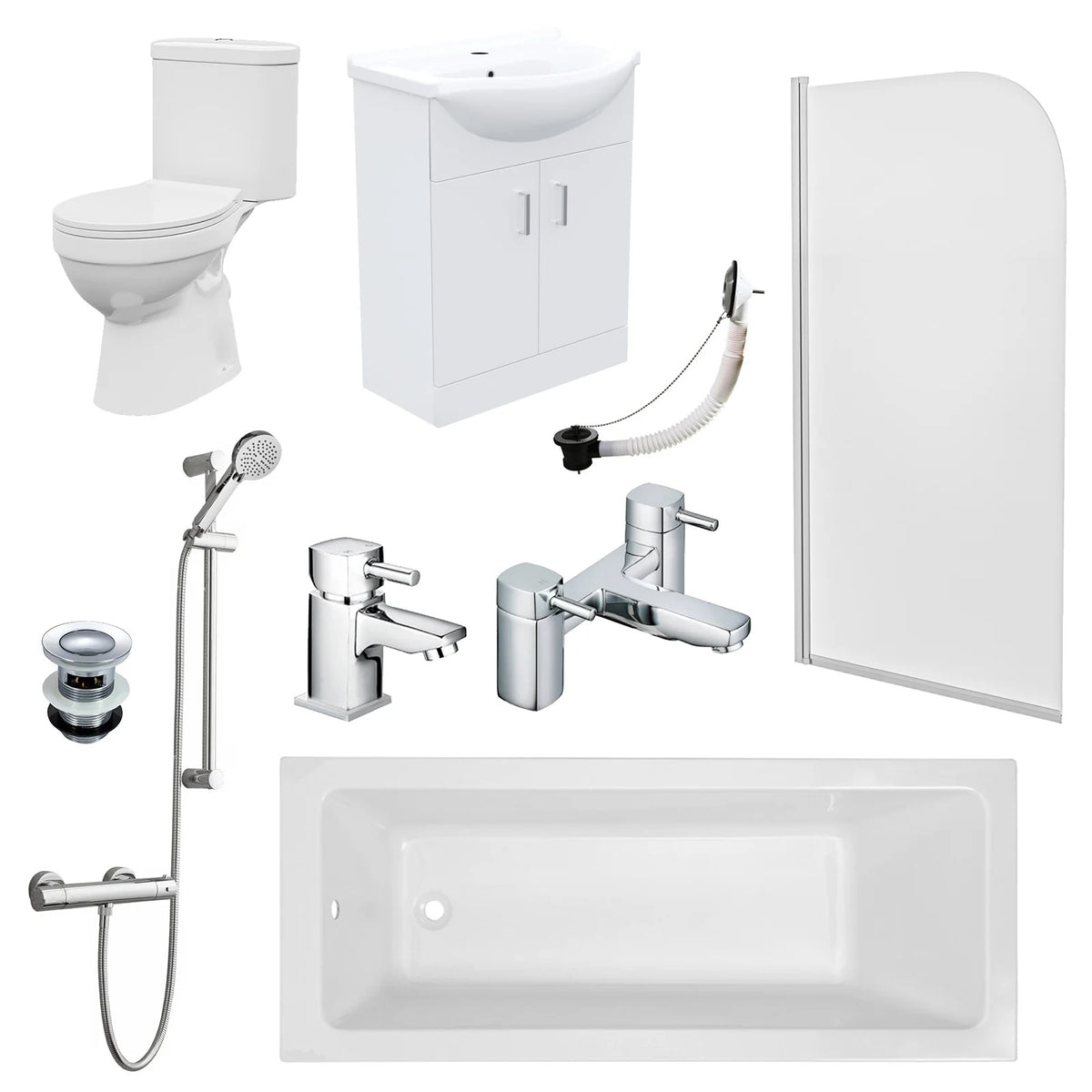Bathroom Suite 1600mm Square Bathtub with Screen, 550mm Freestanding Vanity & Toilet - Set with Chrome Fittings