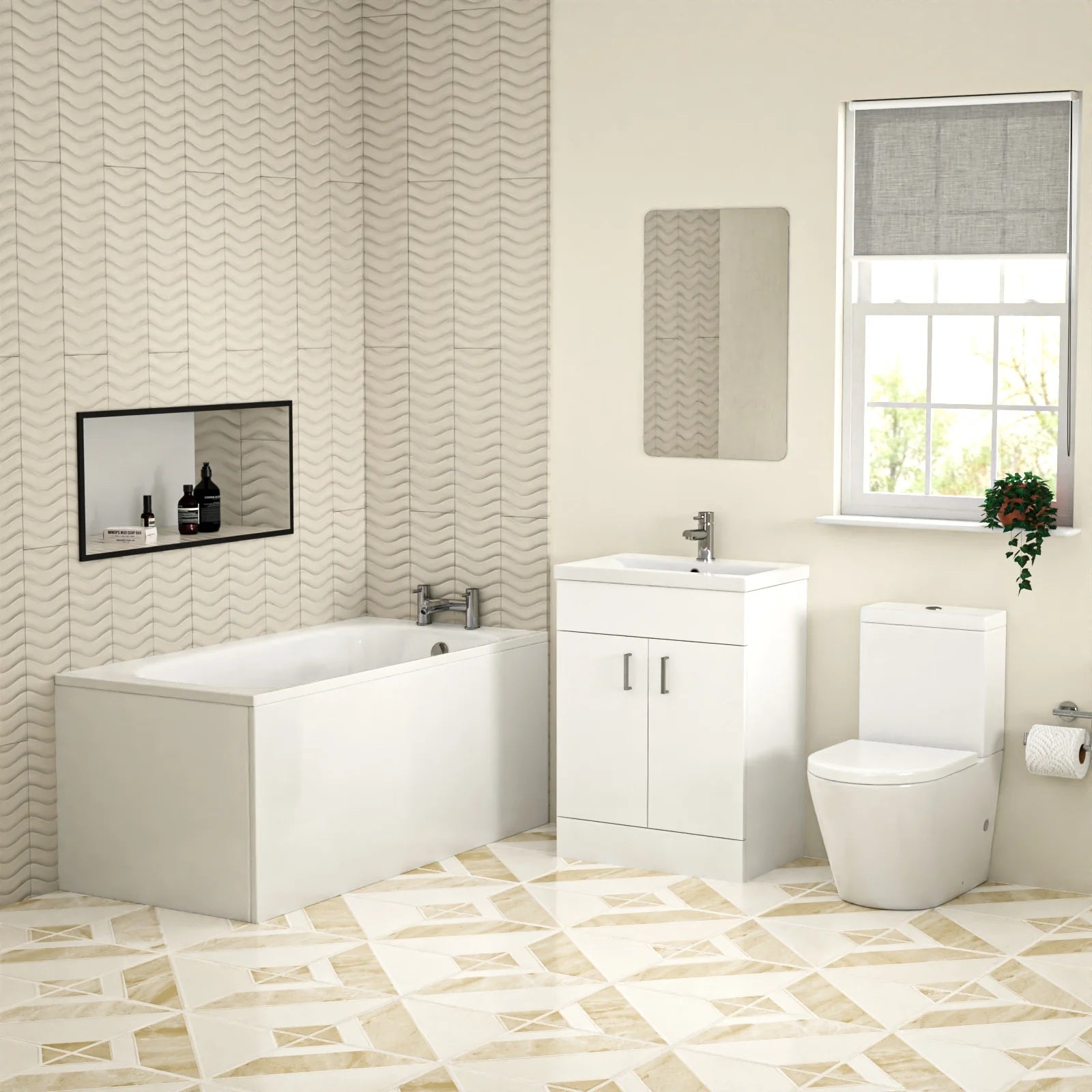 Bathroom Suite 600mm Freestanding Vanity With Close Coupled Toilet and Round Bathtub