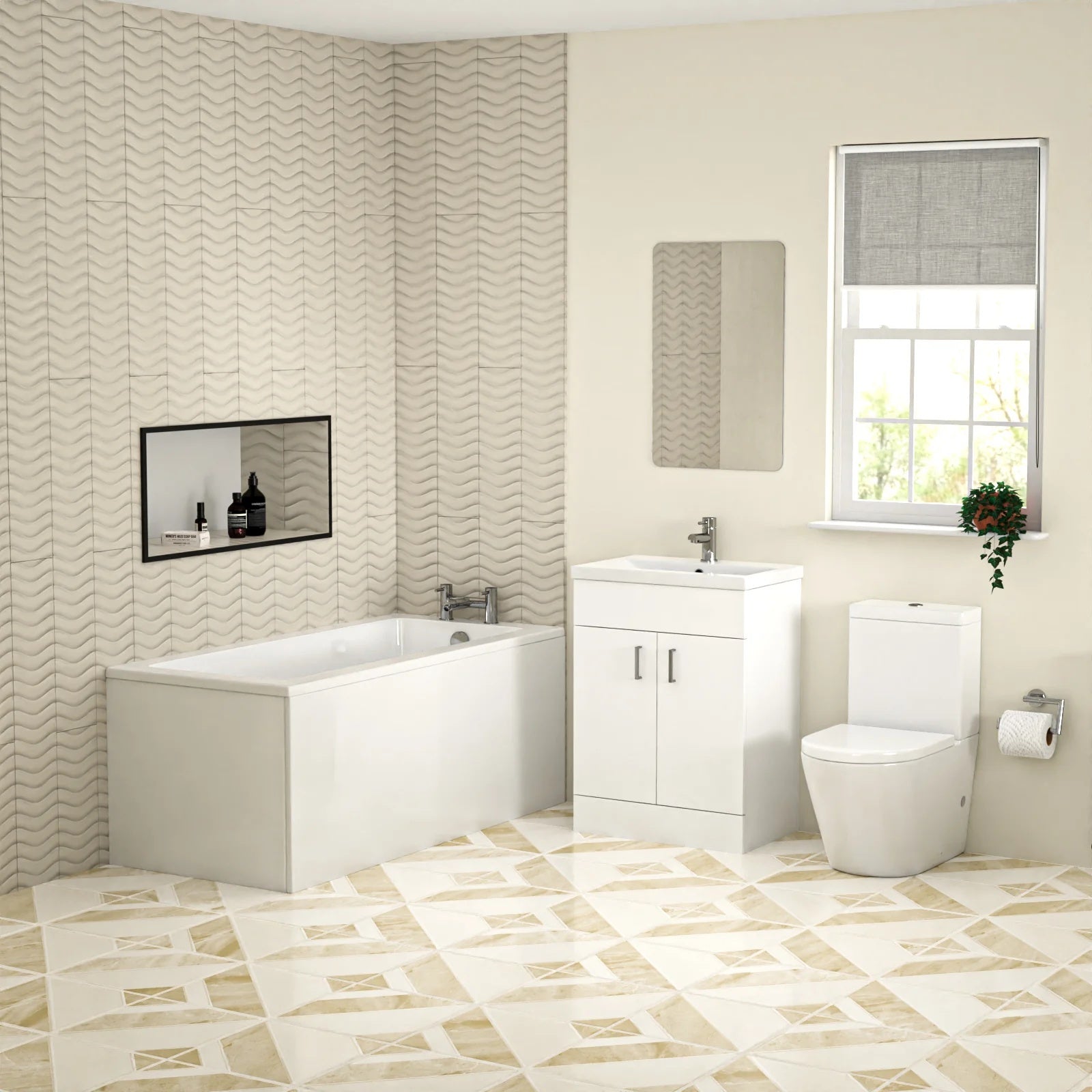 Bathroom Suite Square Bathtub With 600mm Freestanding Vanity and Close Coupled Toilet
