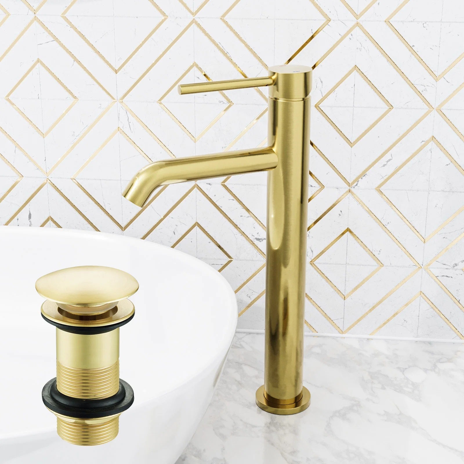 Brushed Brass Tall Basin Mixer Tap with Unslotted Waste