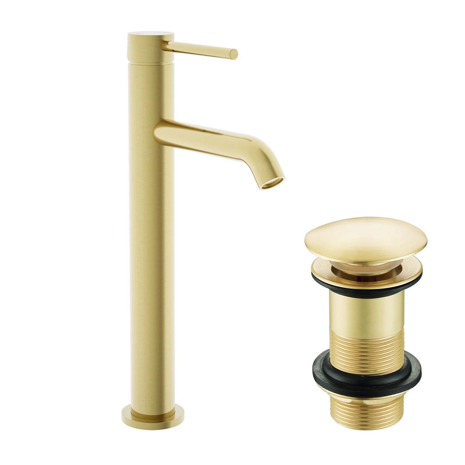 Brushed Brass Tall Basin Mixer Tap with Unslotted Waste