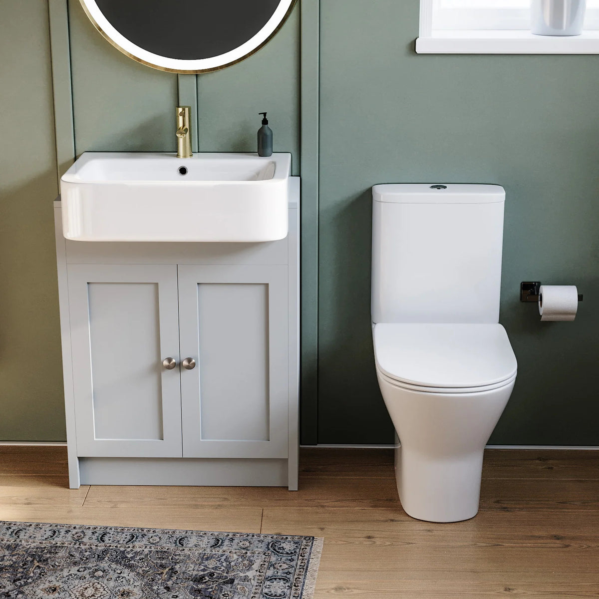 Camberly 600mm Basin Vanity With Open Back Close Coupled Toilet - Matte Grey