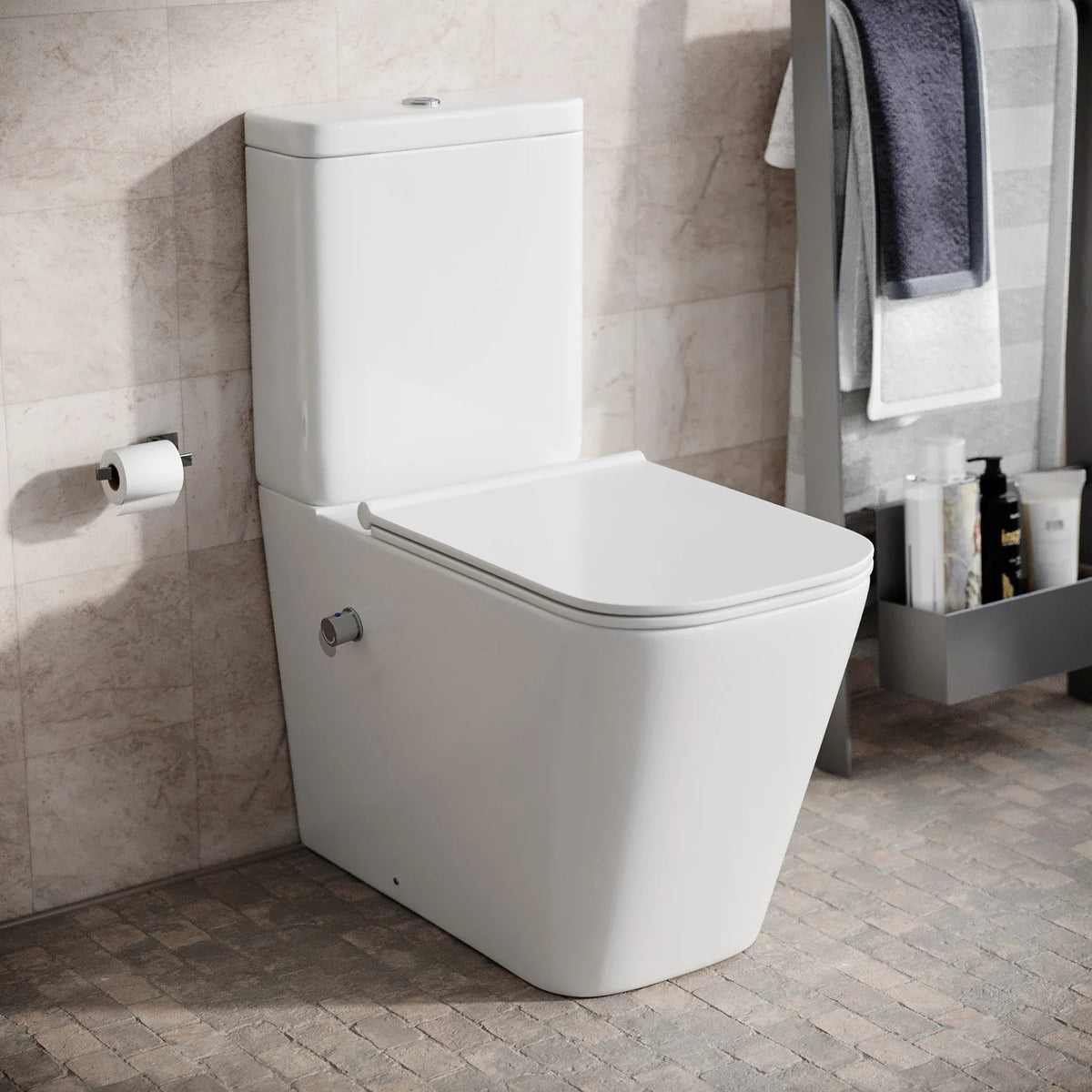 Comfort Height Close Coupled Toilet Pan With Integrated Hot & Cold Bidet Valve set