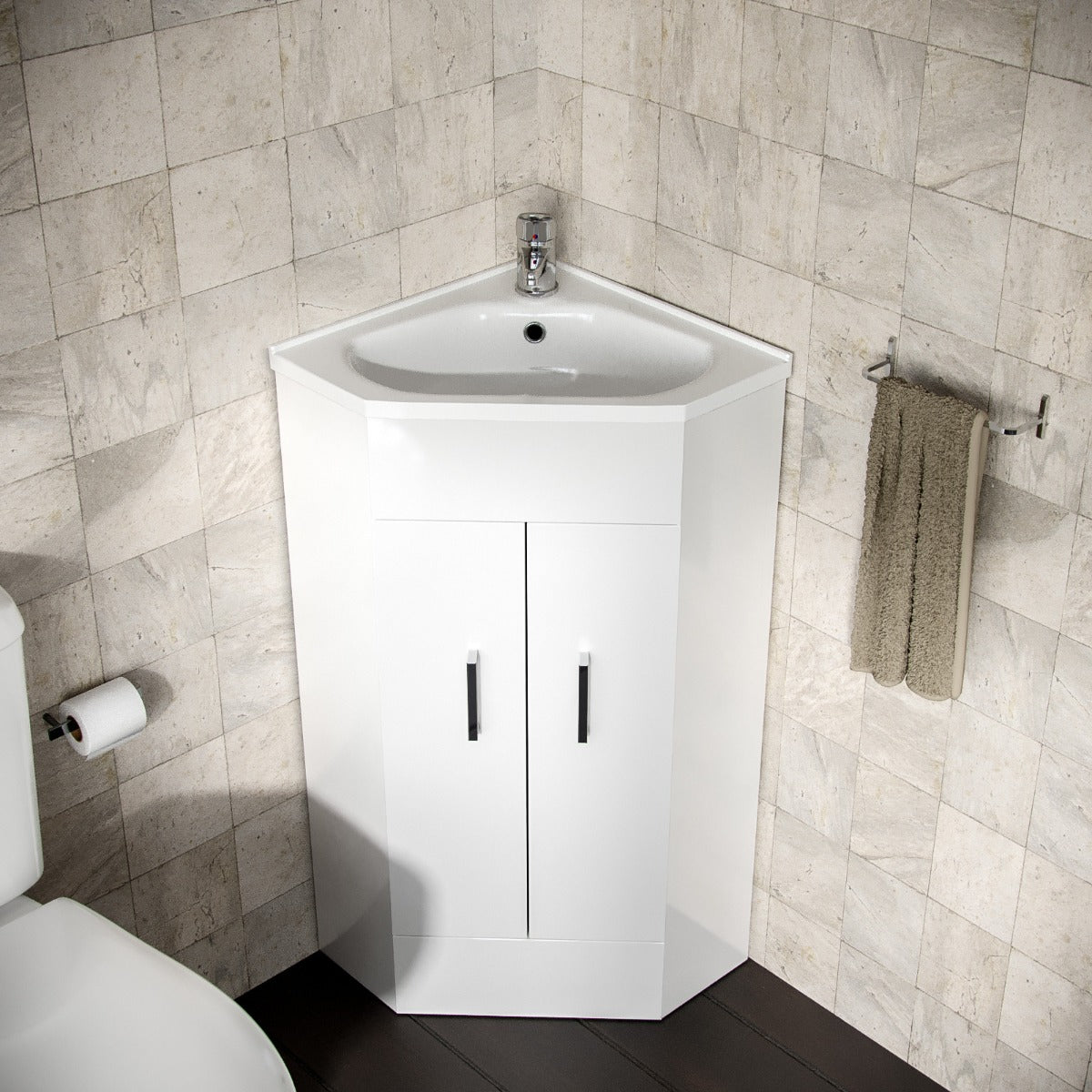 Nanuya 550mm Floor Standing Corner Unit And Ceramic Basin Alpine Gloss White