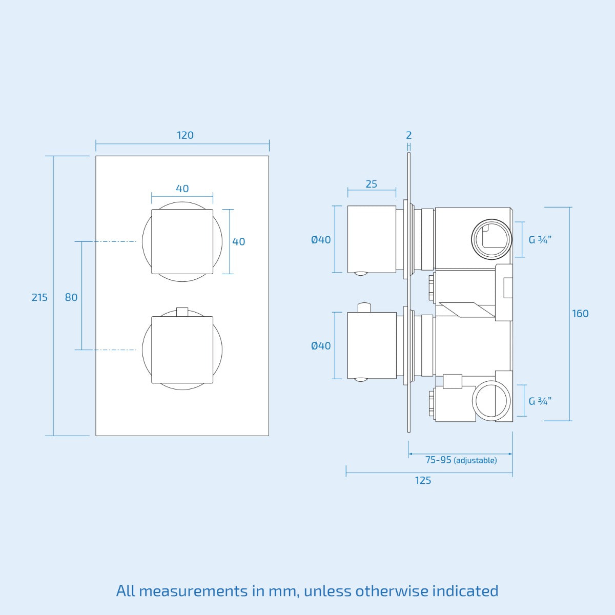 2 Dial 2 Way Matte Black Thermostatic Mixer Valve Shower Head Handset Shower Set