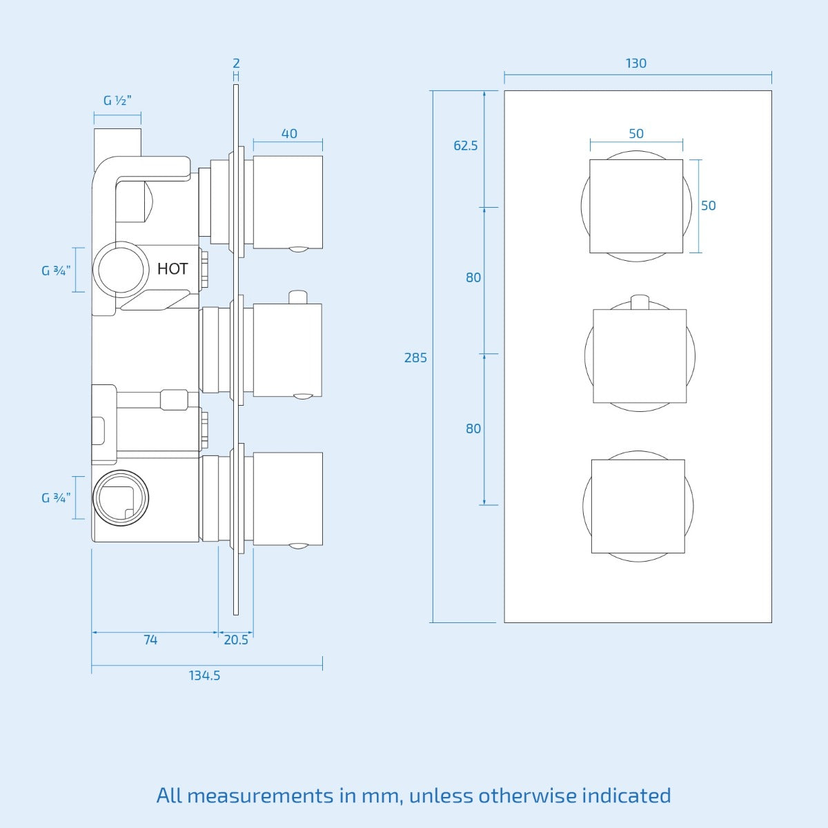 Lilly Chrome 3 Dial 3 Way Square Concealed Thermostatic Mixer Valve + Square Handset + Bath Filler + Square Shower Head