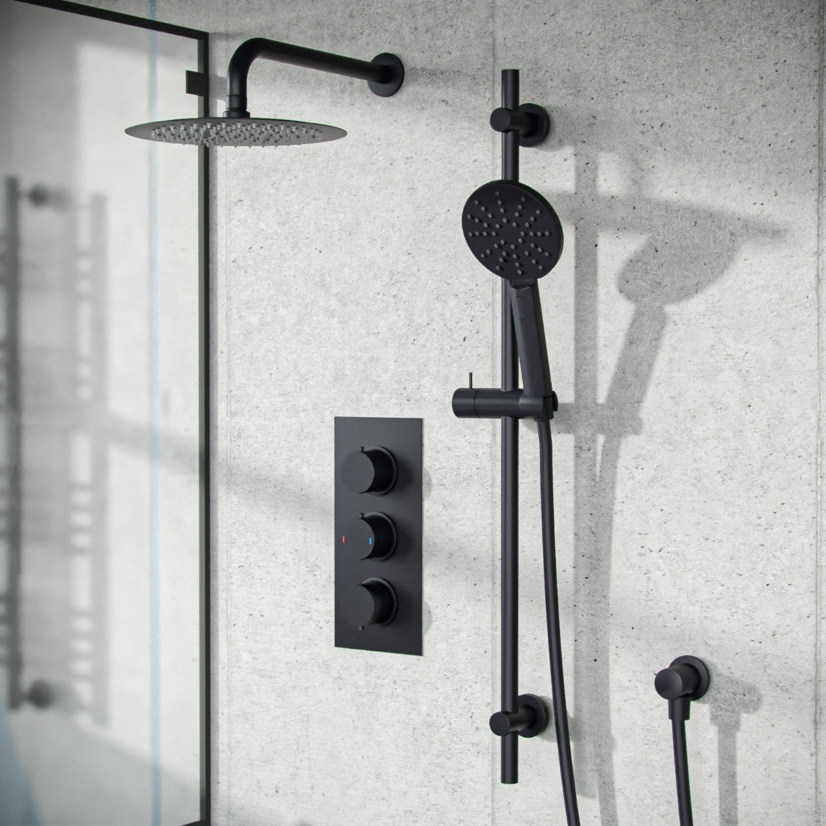 Temel 3 Dial 2 Way Concealed Thermostatic Shower Valve, Shower Head & Arm Set Matte Black
