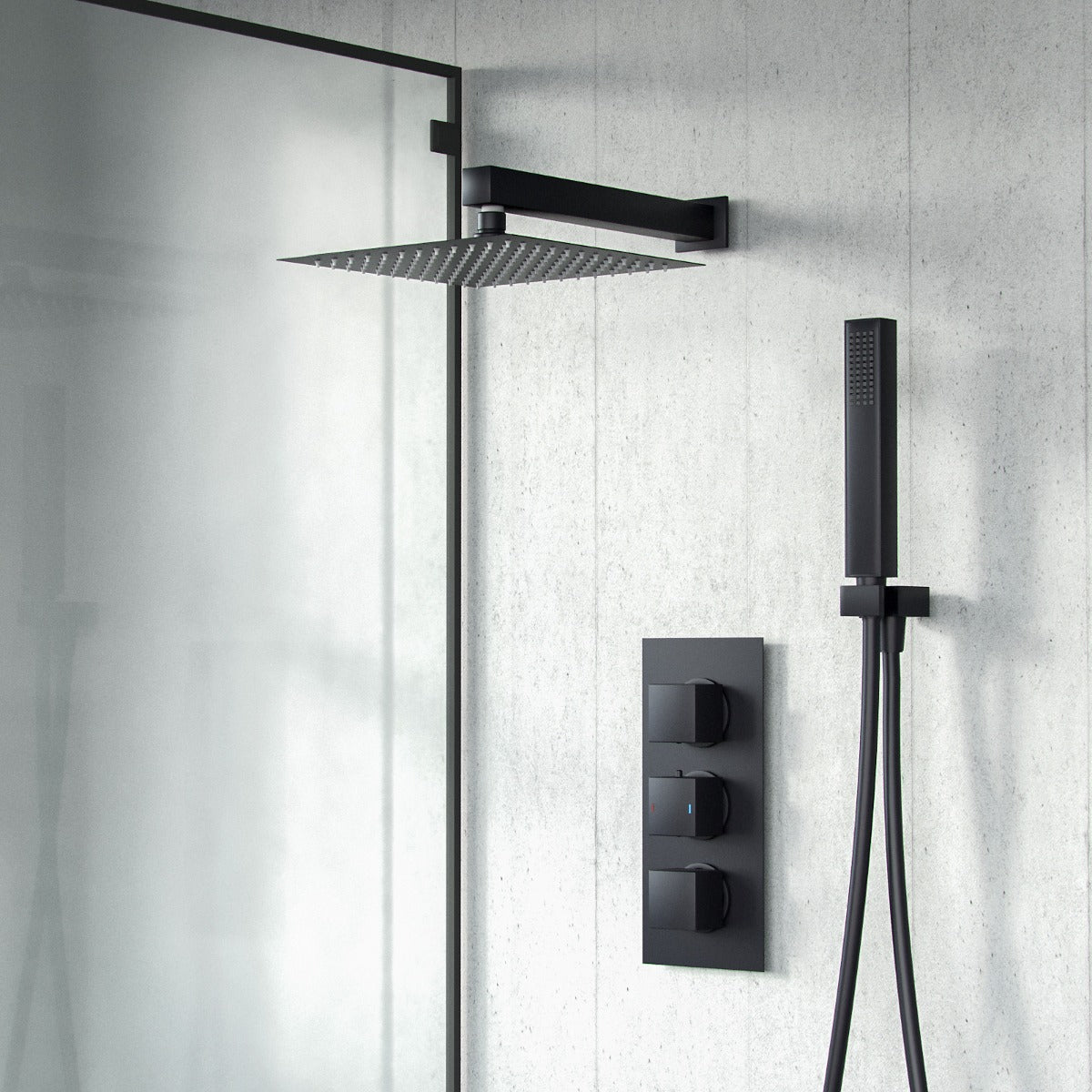 Temel Matte Black Square Shower Head Concealed Thermostatic Mixer Valve+ Handset & Shower Head