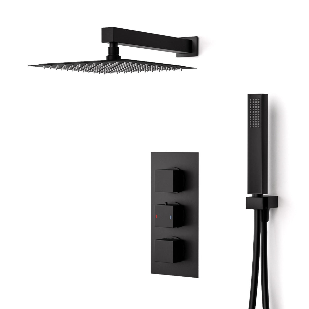 Temel Matte Black Square Shower Head Concealed Thermostatic Mixer Valve+ Handset & Shower Head
