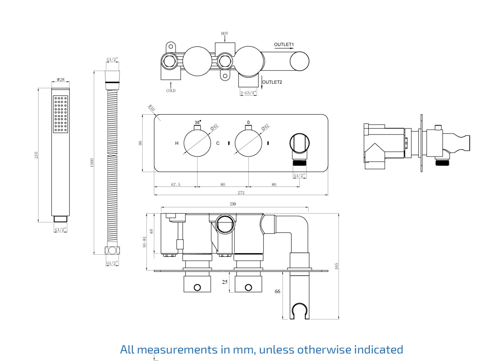 Dial 2 Way Round Thermostatic Concealed Valve Diverter & Shower Handset