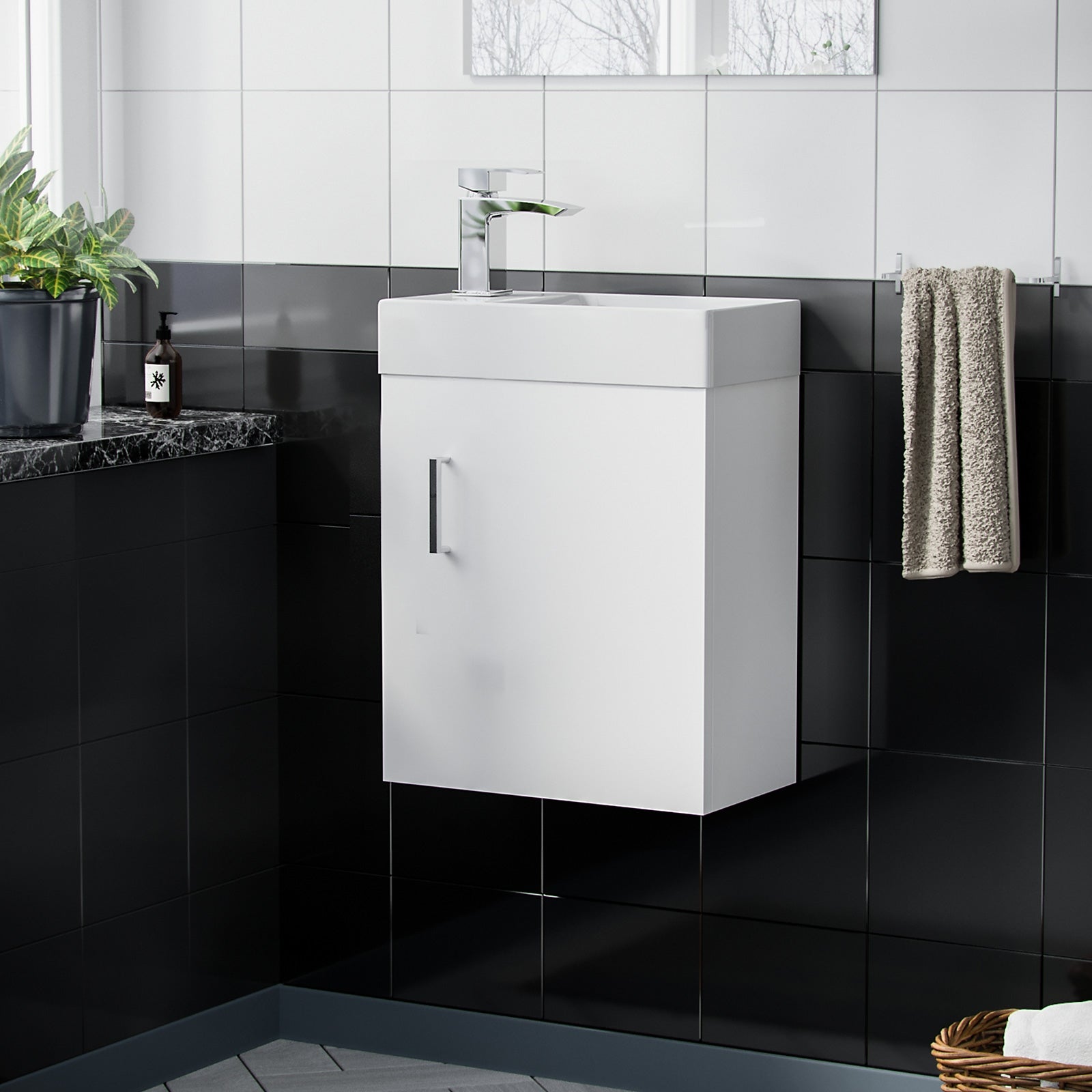 Nanuya 400mm White Cloakroom Wall Hung Basin Vanity Unit + Tap + Waste