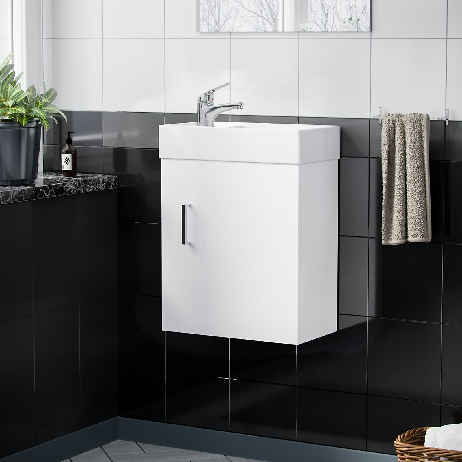 Nanuya 400mm White Cloakroom Wall Hung Basin Vanity Unit + Tap + Waste