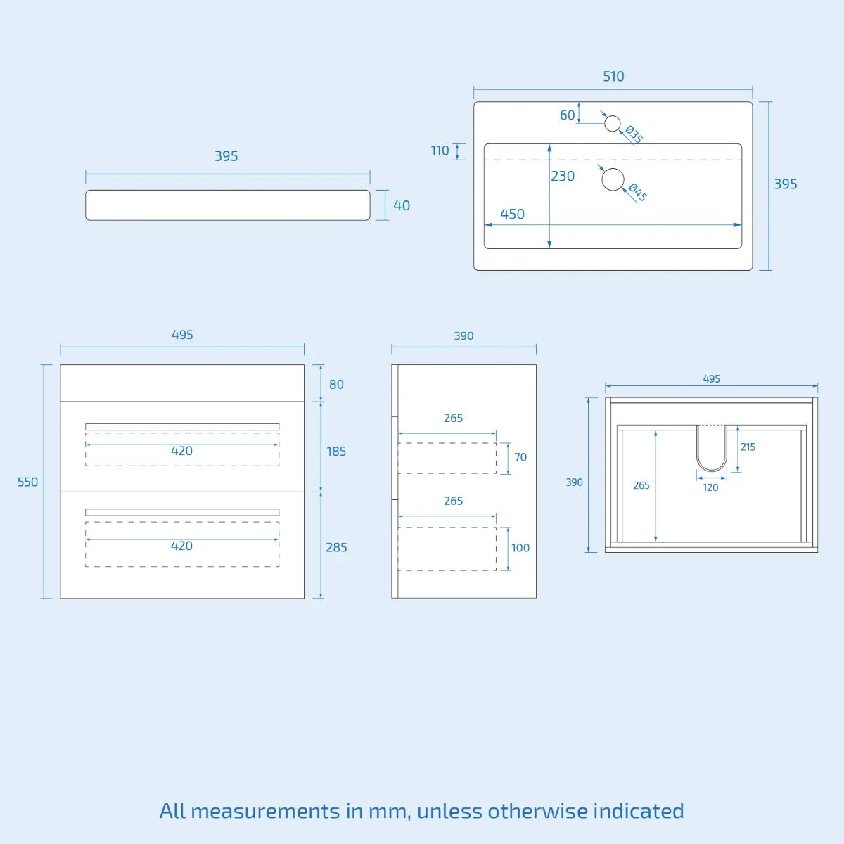 Nanuya 500mm Anthracite Wall Hung 2 Drawers Vanity Unit & Close Coupled Toilet