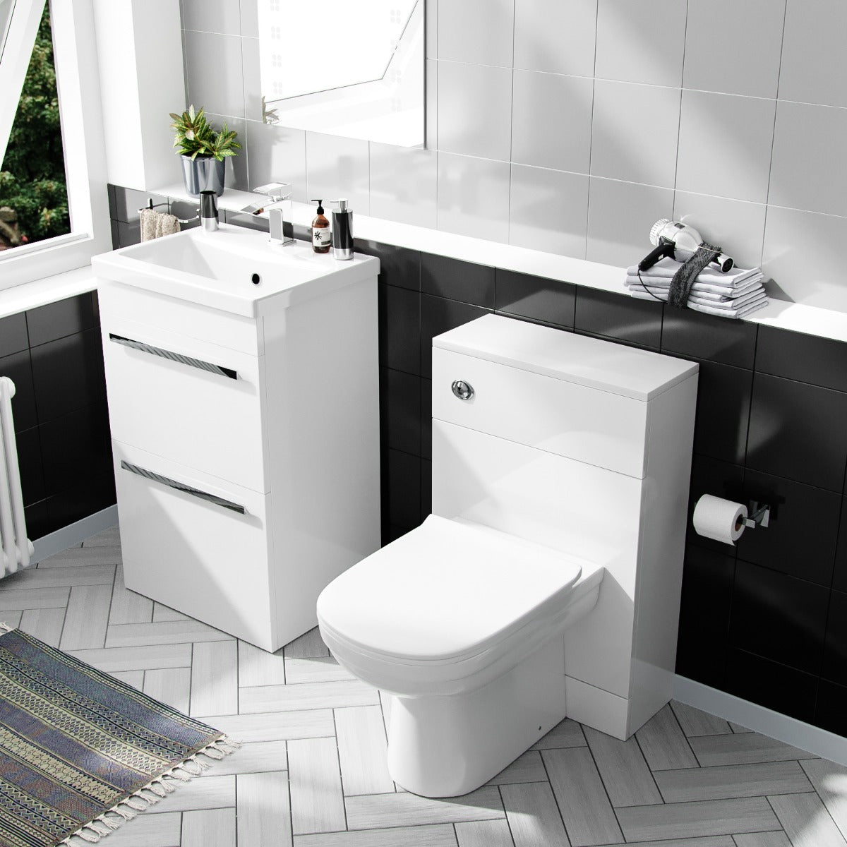 Nanuya 500mm Floorstanding 2 Drawer Vanity Unit & Curved BTW Toilet White