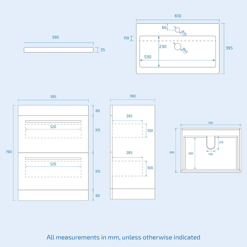 Nanuya 610 mm Basin 2 Drawer Vanity Cabinet & WC Toilet Pan 2-Piece Suite