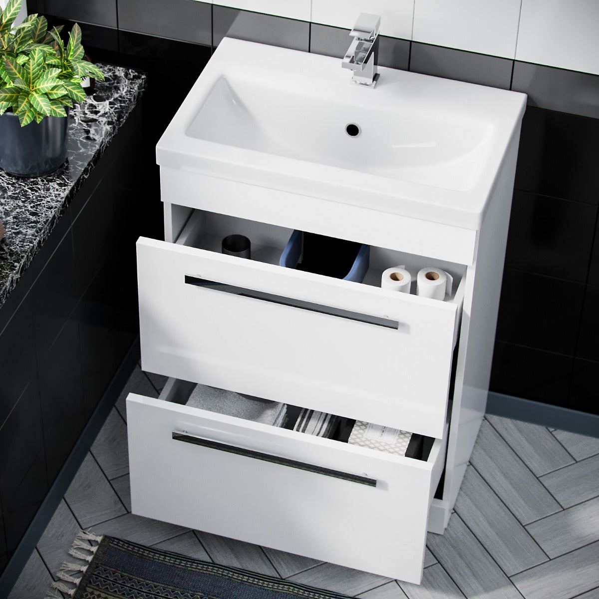 Nanuya 600mm Floorstanding 2 Drawer Vanity Basin Unit & Rimless Close Coupled Toilet White