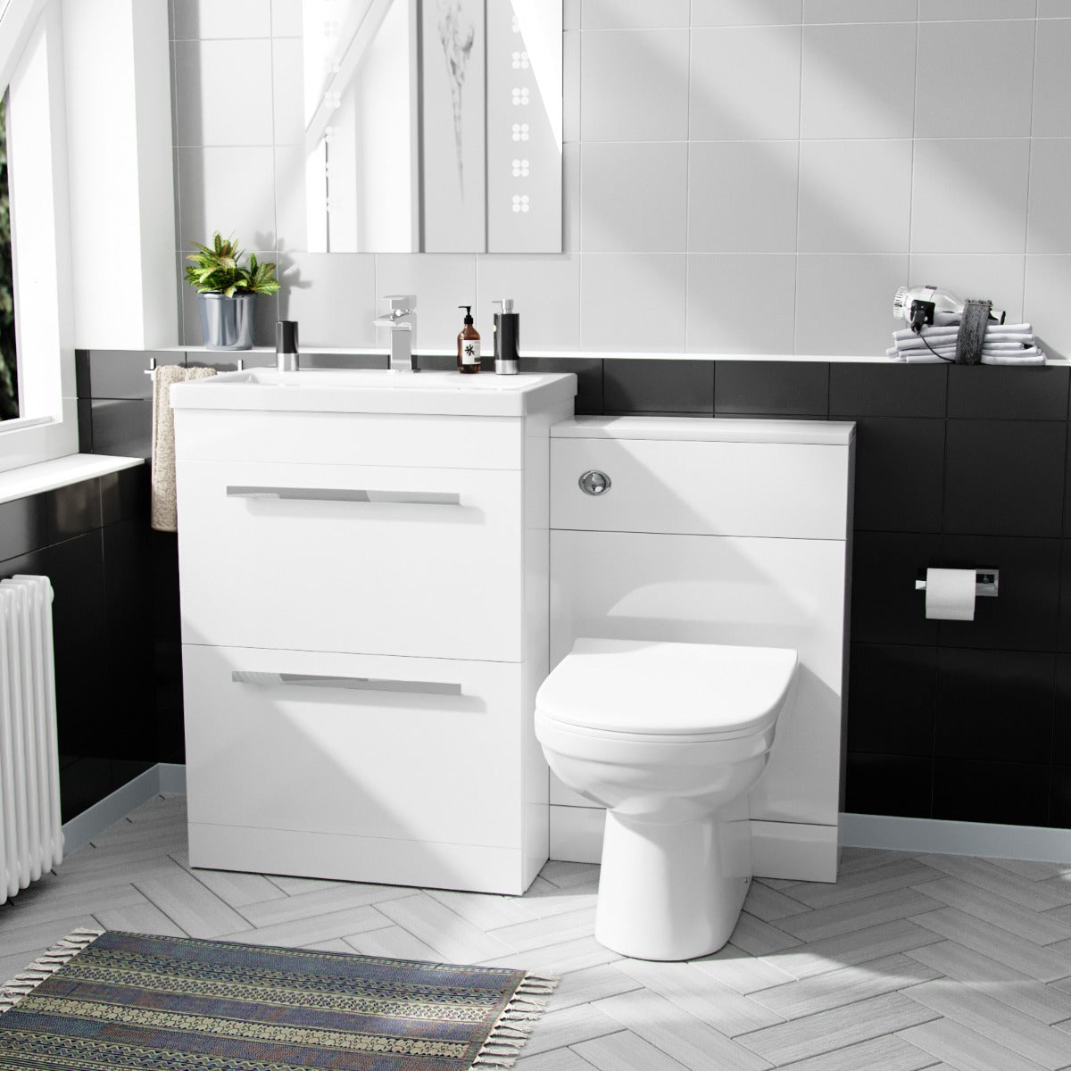 Nanuya 600mm Floorstanding 2 Drawer Vanity Basin Unit, BTW Unit & Curved BTW Toilet White
