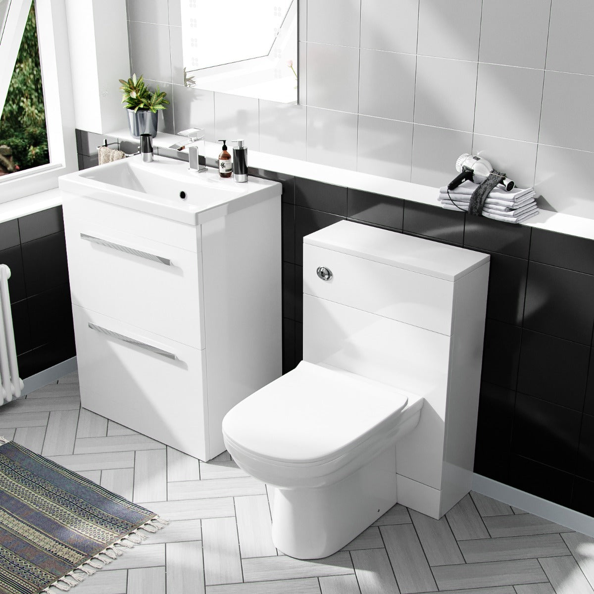 Nanuya 600mm Floorstanding 2 Drawer Vanity Basin Unit, BTW Unit & Curved BTW Toilet White