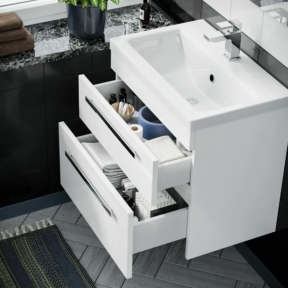 Nanuya 600mm Wall Hung 2 Drawer Vanity Basin Unit White
