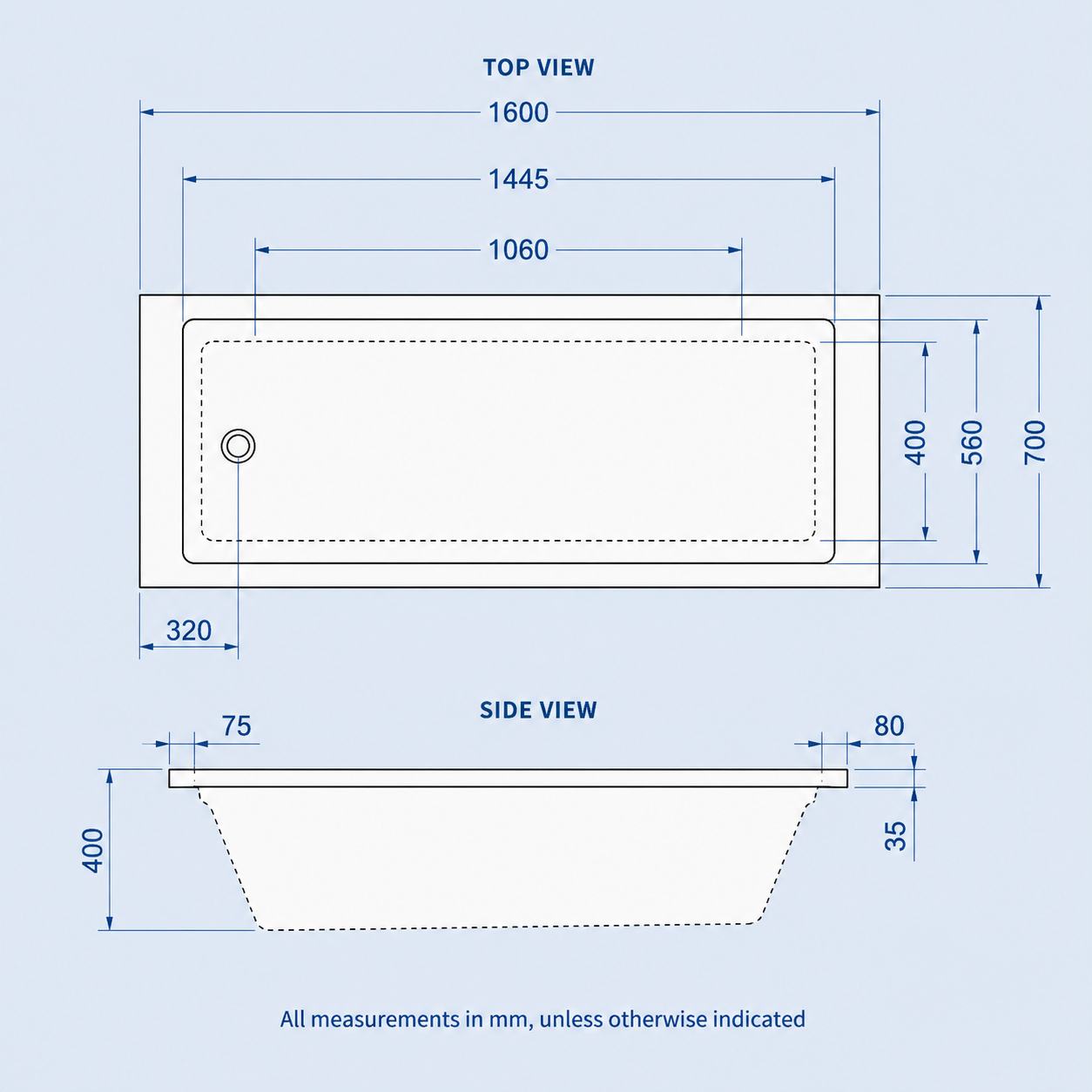 1600mm x 700mm Standard Square Single Ended Bath With Legs White