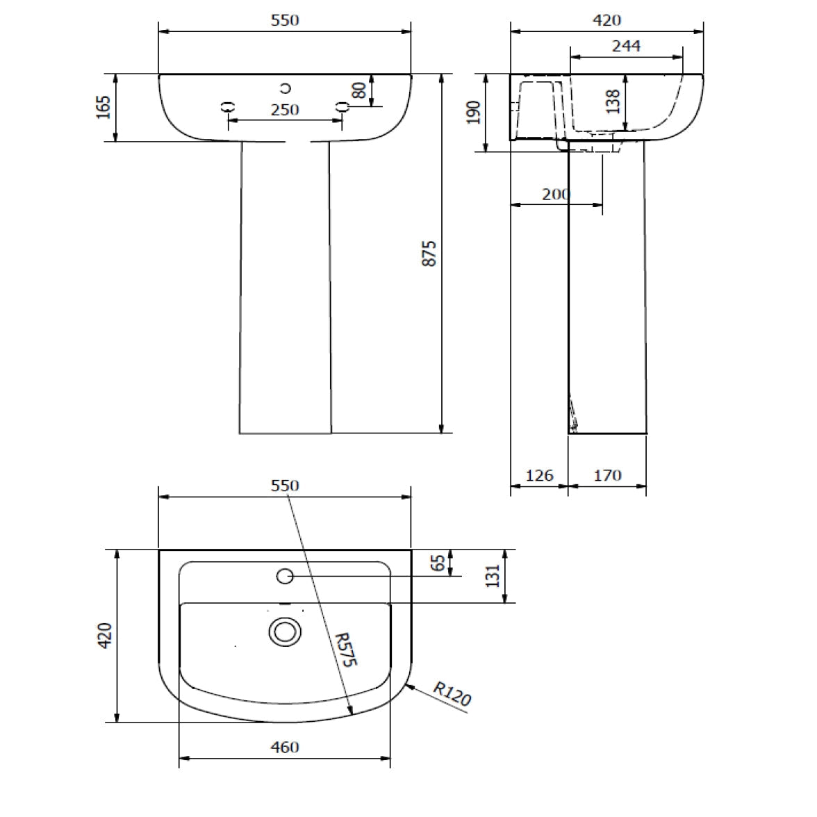 Kartell White Full Pedestal Basin 550 mm - 1 Tap Hole