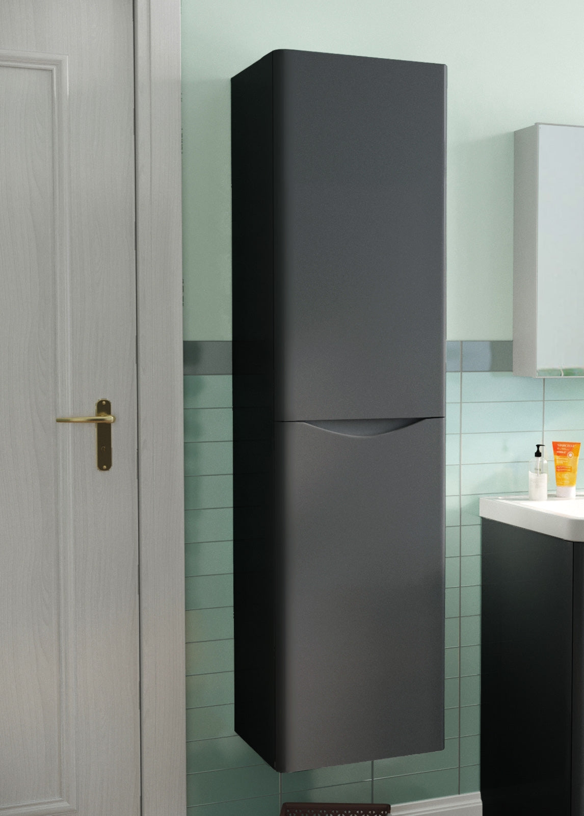 Merton 600mm Dark Grey Freestanding Bathroom Vanity Basin Unit + Wall Hung Tall Storage Cabinet