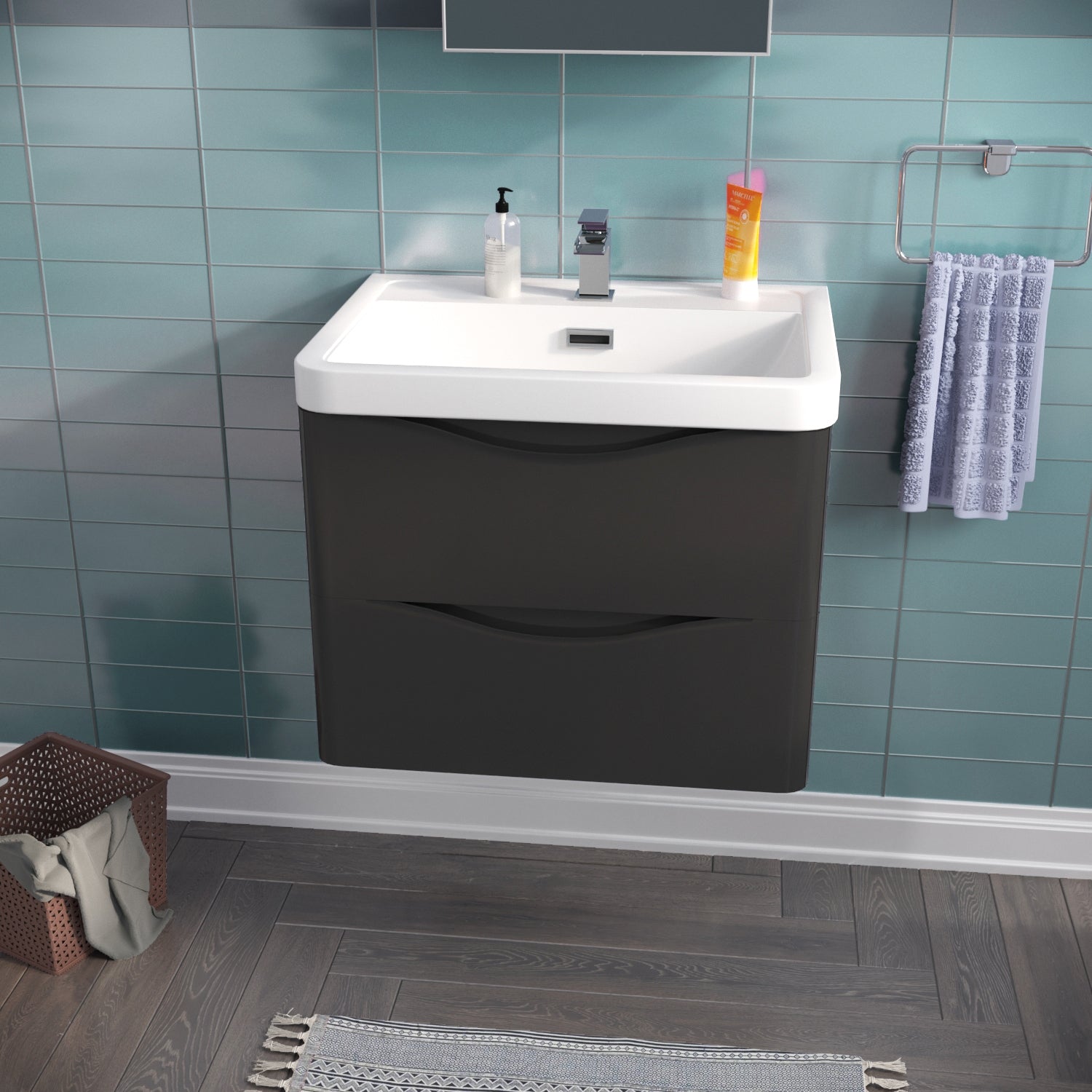 Merton 600mm Bathroom Wall Hung Basin Vanity Unit Dark Grey 2 Drawers Soft Close