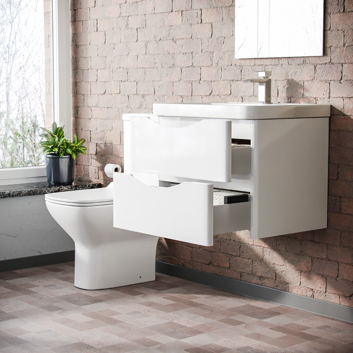 Merton 600mm Wall Hung Vanity Basin Unit & Close Coupled Toilet White