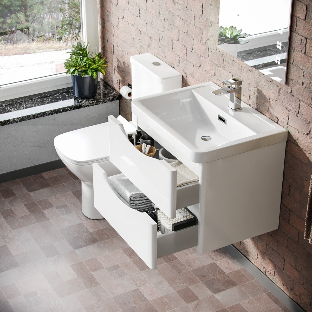 Merton 600mm Wall Hung Vanity Basin Unit & Close Coupled Toilet White