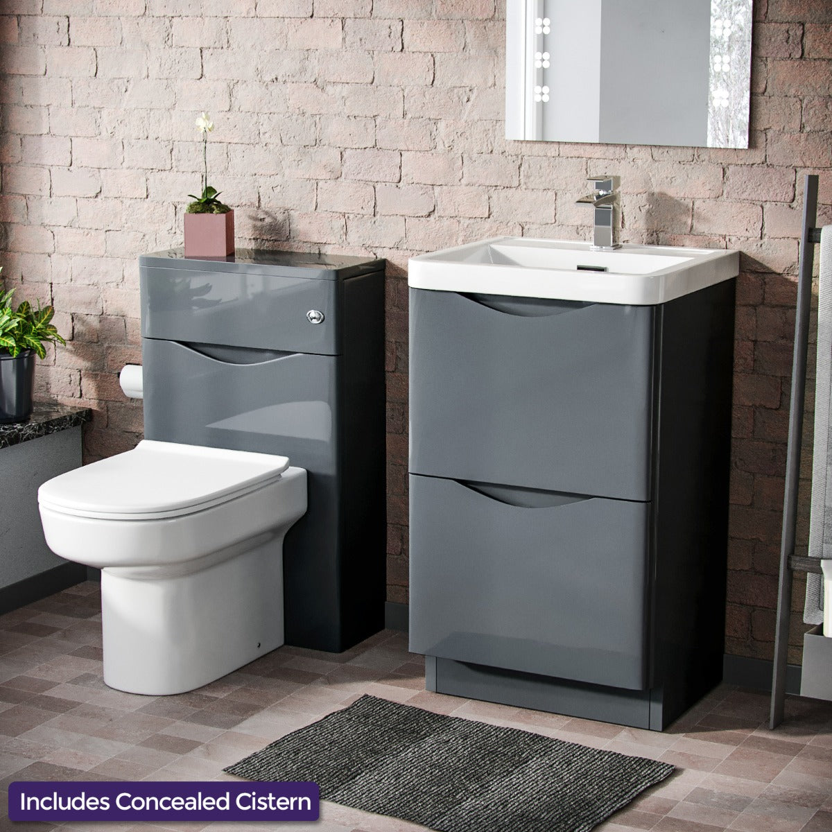 Merton 500mm 2 Drawer Vanity Basin Unit, WC Unit & Chem Back to Wall Toilet Dark Grey